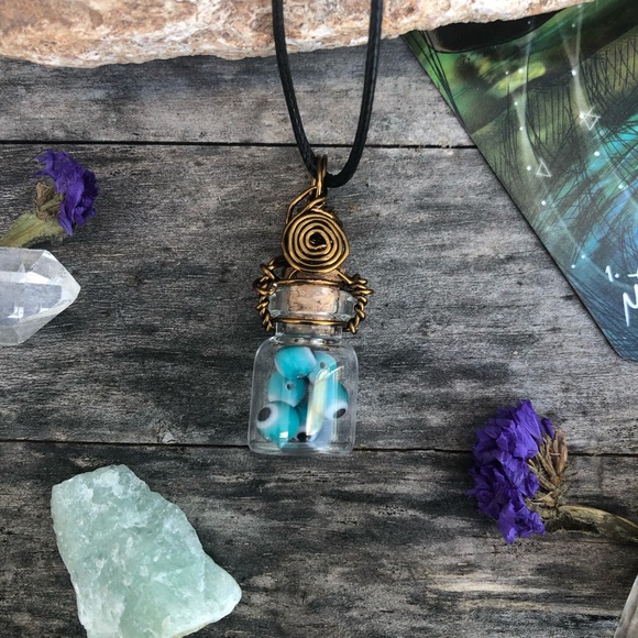 Evil Eye Protection Bottle Necklace Wire Wrapped - in Vintage Bronze Wire - Picture 3 of 11